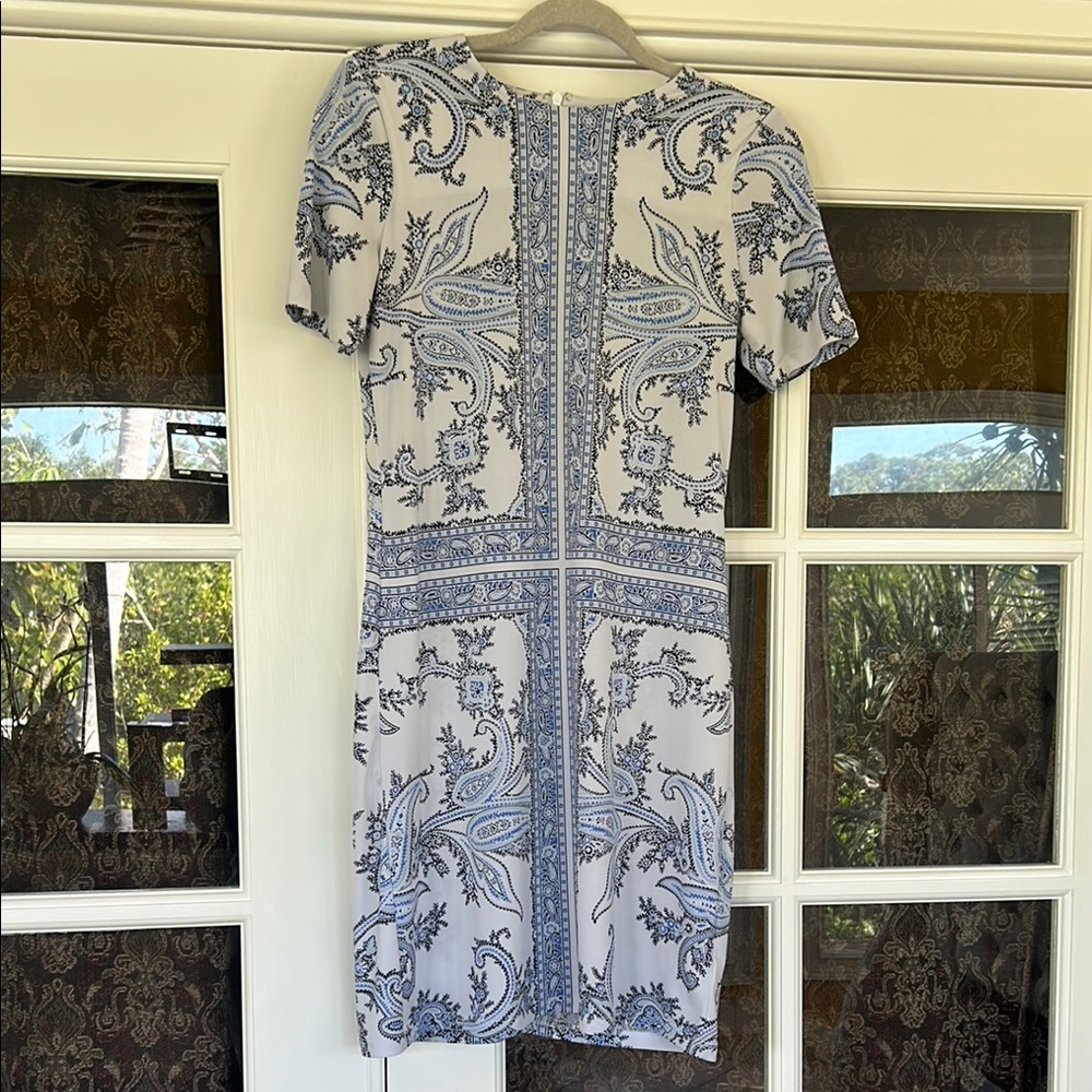 Elegant Blue and White Paisley Dress